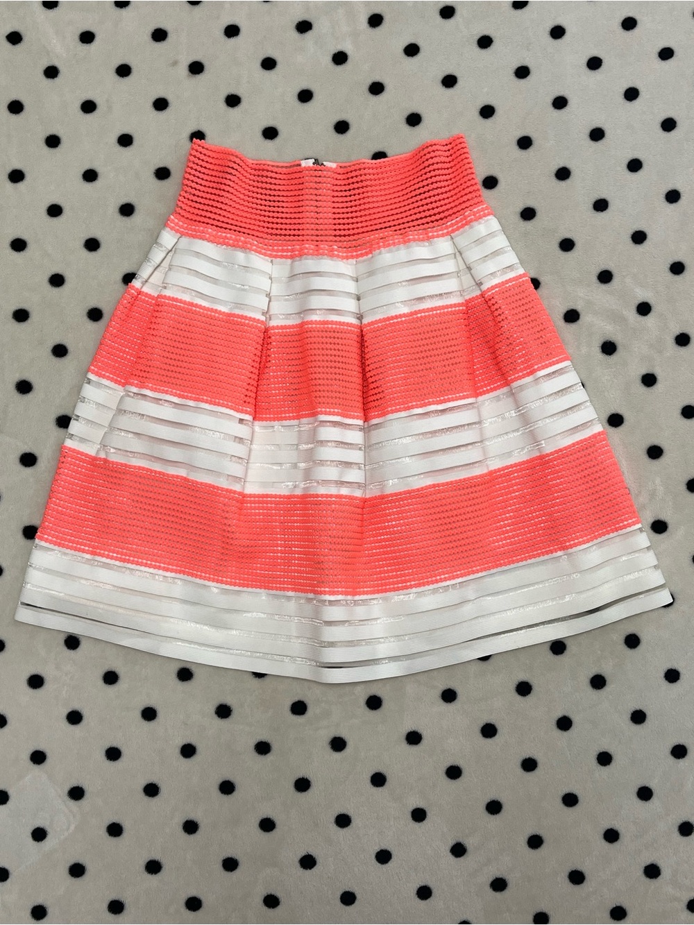 Coral & White Mesh Stripe Skater Skirt by Miami Size S